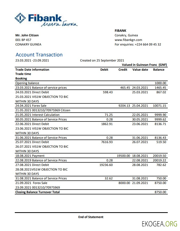 Modèle de relevé bancaire Guinée Fibank au format de fichier .xls et .pdf